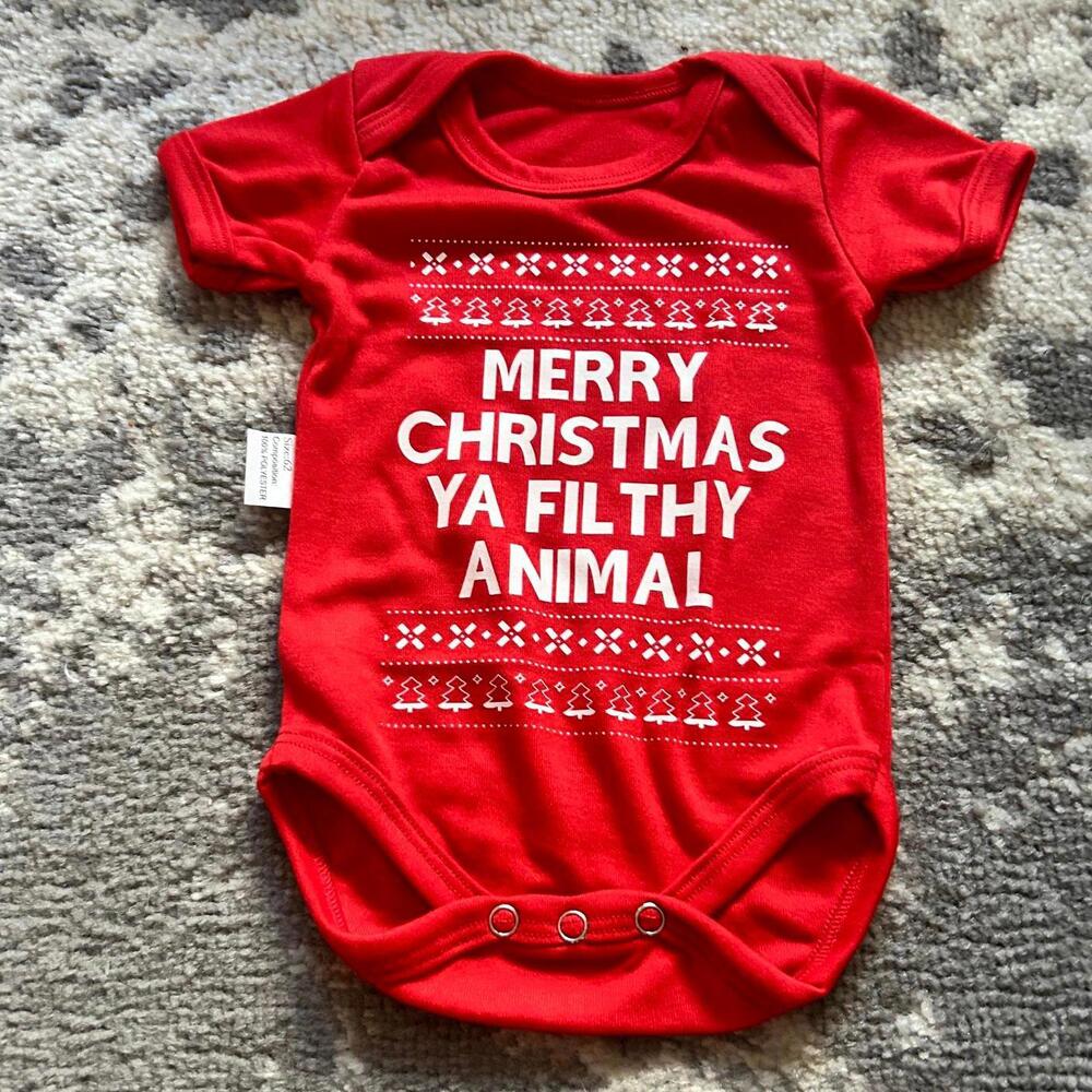 Baby Unisex "Merry Christmas Ya Filthy Animal" Red Onesie 3-6 Months (NEW)